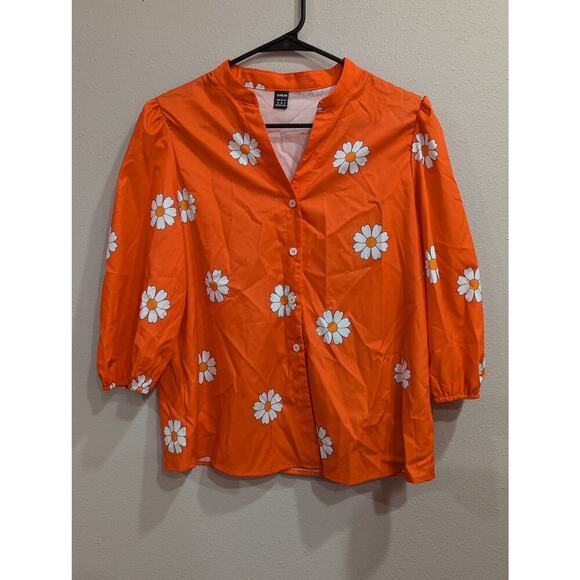Vibrant orange women's 3/4 length sleeve blouse w/ daisy print by Shein M - Picture 1 of 8